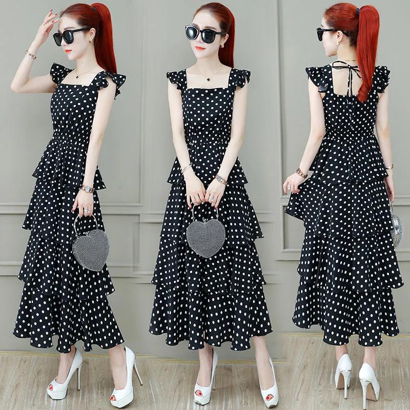 Women's Summer Dress Chiffon Polka Dot Square Collar Sleeveless Long Dress