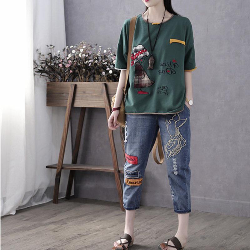 Pure Cotton Summer Printing Literary Short-sleeved T-shirt Ladies Loose Casual Comfortable Top Breathable