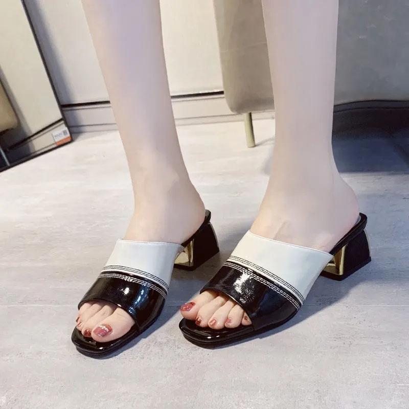 Soft Leather Sandals Women's Outer Wear Square Head Summer Thick Heels High Heels All-match Color Fish Mouth Flip Flops
