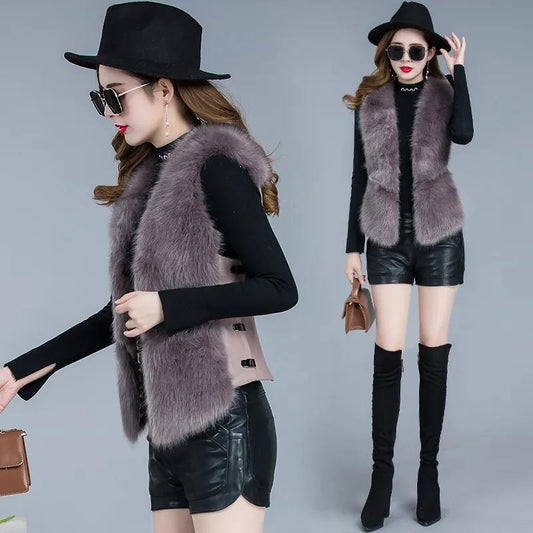 Faux Fur Short Waistcoat Jacket Women Winter Plush Vest Waistcoat Fur One-piece Faux Fox Fur Waistcoat