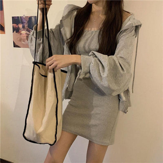 2PCS Women's Casual Solid Color Suit Spring and Summer Sling Dress + Cardigan Jacket Two-piece Ladies Sexy Hooded Sweater Skirt Set