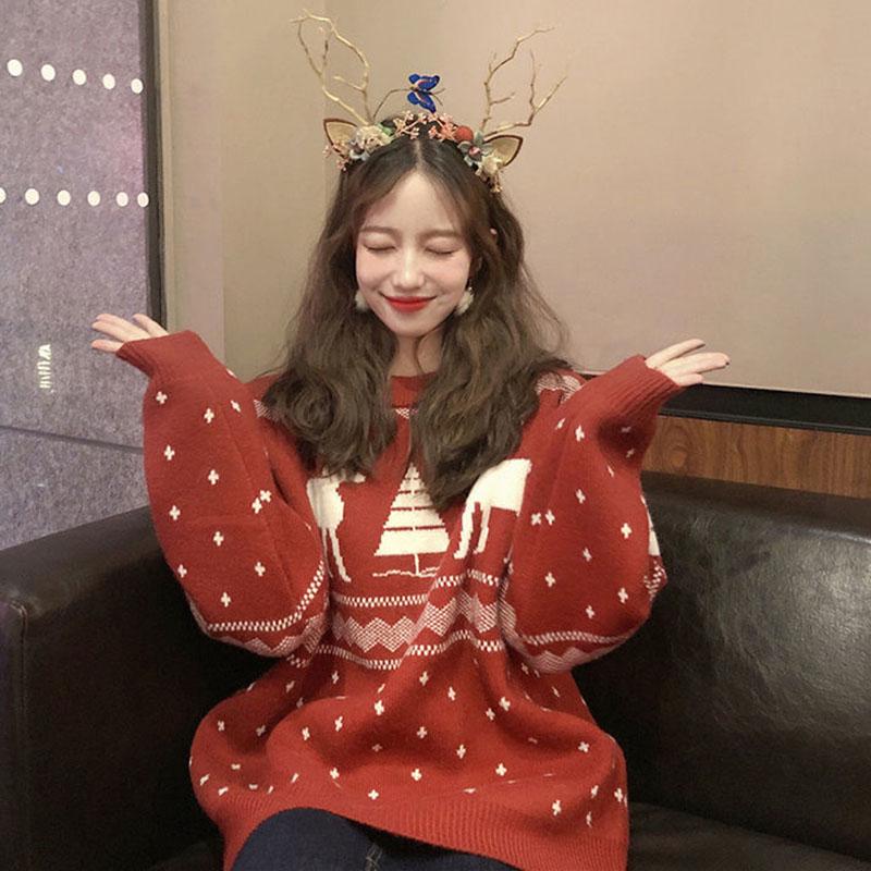 Autumn and Winter Pullover Top Loose Casual Thick Coat Christmas Style Knitted Female Sweater