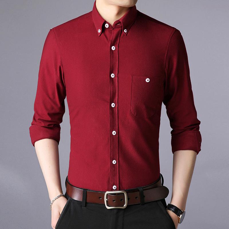 Flannel Shirt Men T-shirts Slim Tees Button Up Overshirt Stretch Undies Casual Long Sleeve Cardigan Solid Color Male Clothing