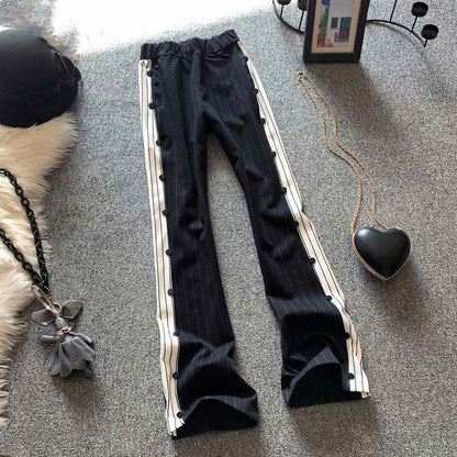 Thin Summer Fashion Trend Loose Straight Mopping Trousers Stitching Striped High Waist Wide Leg Casual Pants Women