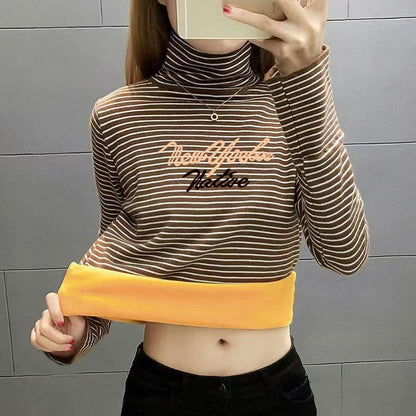 Thicken Plus Velvet Thermal Clothing Women's Underwear Tight-fitting High-neck Striped Winter Bottoming Shirt One-piece Gold Velvet Top