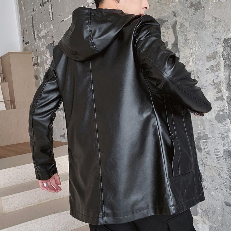 Leather Jacket Men Korean Mid-length Casual Men's Hooded Jacket Handsome Windbreaker Men