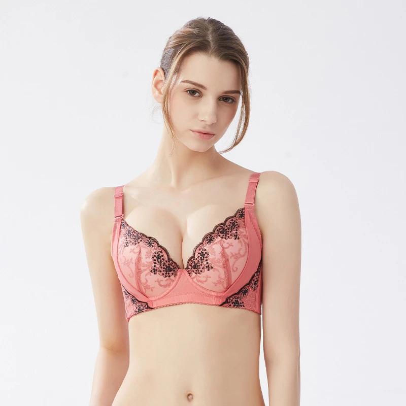 Women's Sexy Lace Floral Underwear Small Breasts Gathered Adjustable Bra Big Breasts Full Cup Adjustable Comfortable Girl's Bra Embroidered Brassiere