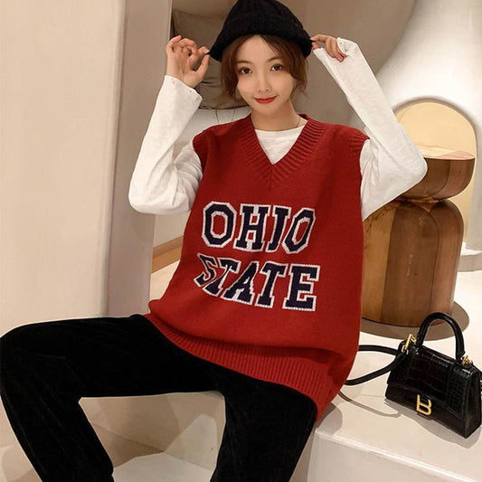 Letter V-neck Knitted Waistcoat Female Autumn Korean Version Was Thin and Western Style Wild Sleeveless Waistcoat Waistcoat
