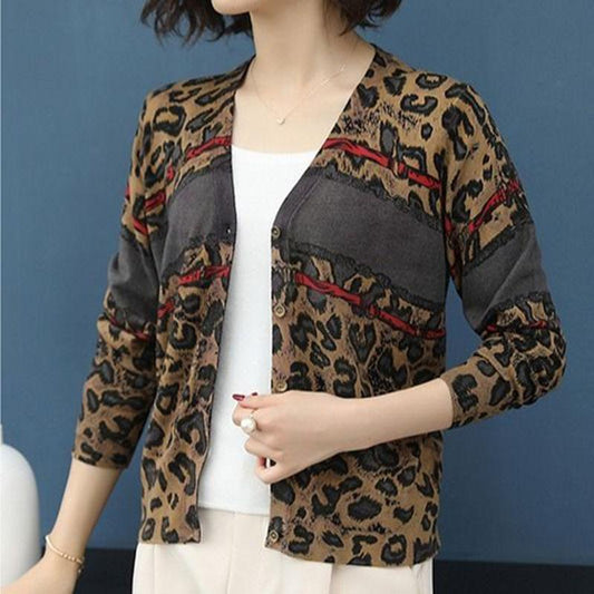 Women's Printed Wool Cardigan Thin Knitted Leopard Cardigan All-match Short  V-neck Knit Jacket Outwear