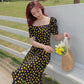 Women's Summer Floral Dress Square Neck Puff Sleeves Thin Mid-Length Skirt