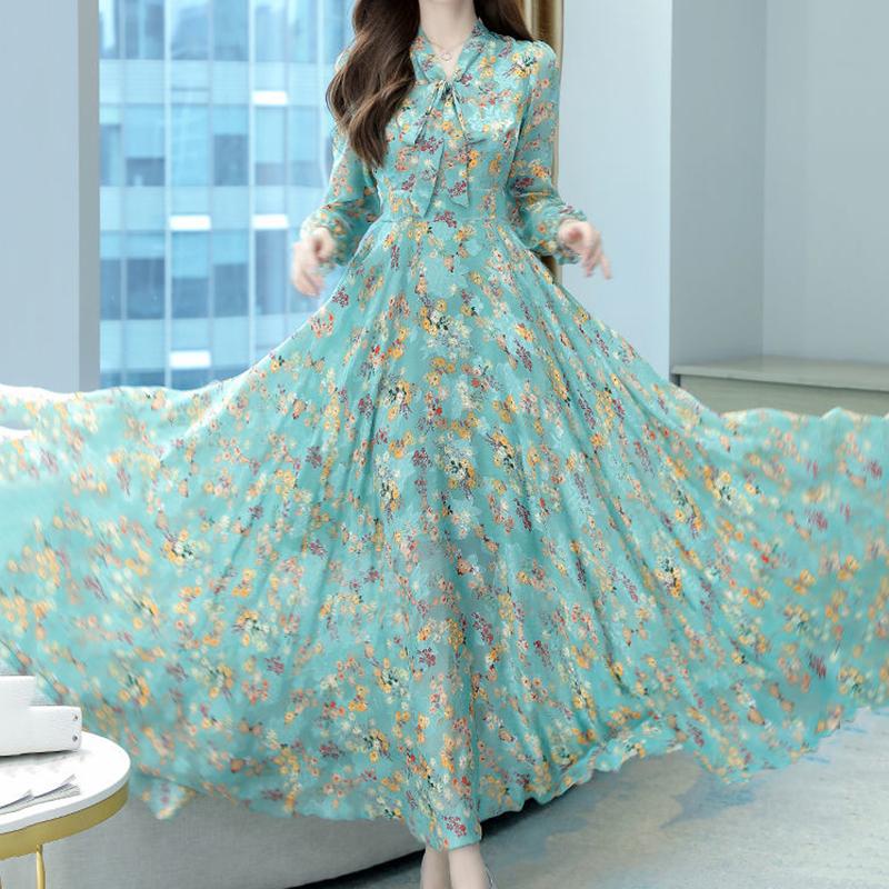 Jacquard V-neck Long-sleeved Dress Spring and Autumn Style Temperament Waist Slimming Slim Bow Long Dress Women's Fabric Light and Breathable