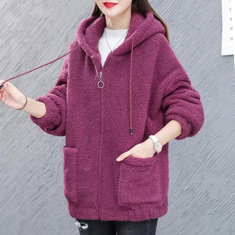 Autumn and Winter Hooded Zipper Cardigan Plus Velvet Thickening Imitation Lamb Velvet All-match Loose Warm Jacket Women