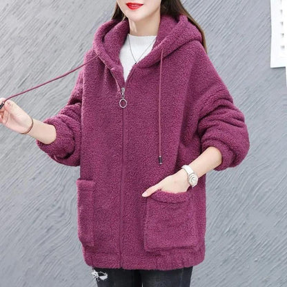 Autumn and Winter Hooded Zipper Cardigan Plus Velvet Thickening Imitation Lamb Velvet All-match Loose Warm Jacket Women