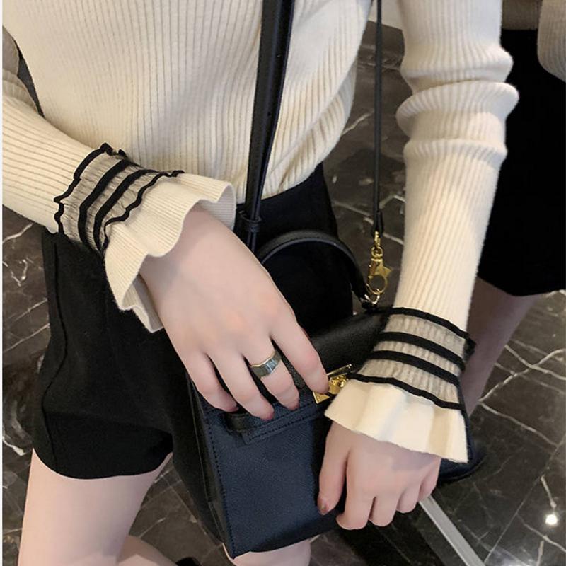Pofulove flared sleeves lace shirt female long sleeve slim shirt Elegant cute sweater women