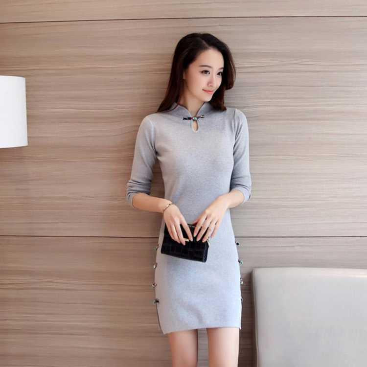Winter China Tradition Sexy Slim Bodycon Knit Skirt Traditional Buckle Bottom Sweater Dress
