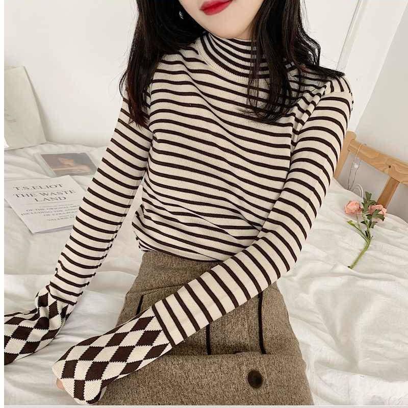 Black and white striped pullover sweater women's winter slim thin turtleneck sweater long sleeves