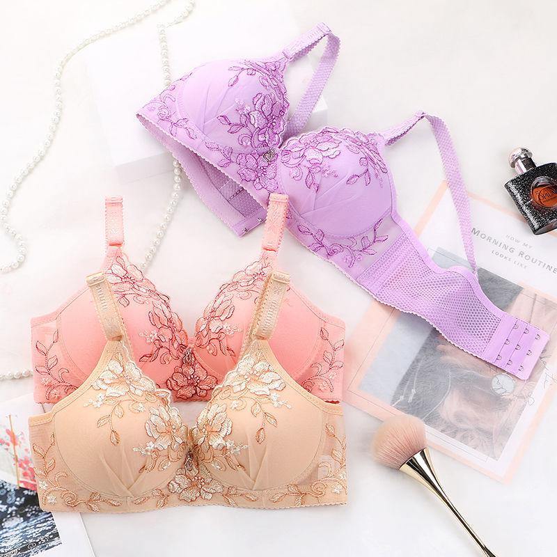 High-quality Small-chested Gather Bra Women's Underwear Thin Section No Steel Ring Bra Embroidery Breast Adjustment Breathable Beauty Back Bra