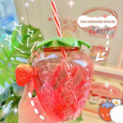Ins Wind Net Red Strawberry Straw Cup Plastic Cup Cute Female Hand-held Milk Tea Cup Student Portable Water Cup Water Bottle