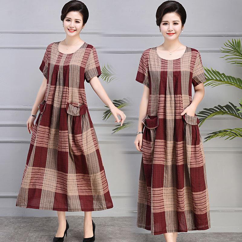 Mother Middle-aged Summer Cotton and Linen Dress Plus Size 100kg Loose Casual Linen Long Skirt Over The Knee