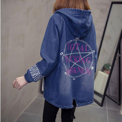 Large Size Hooded Denim Jacket Women's Loose and Thin Casual Long-sleeved Warm Starry Jacket Women's Loose Denim Jacket