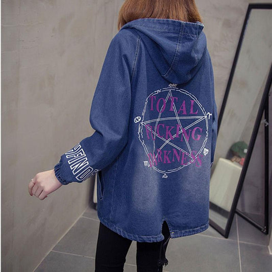 Large Size Hooded Denim Jacket Women's Loose and Thin Casual Long-sleeved Warm Starry Jacket Women's Loose Denim Jacket