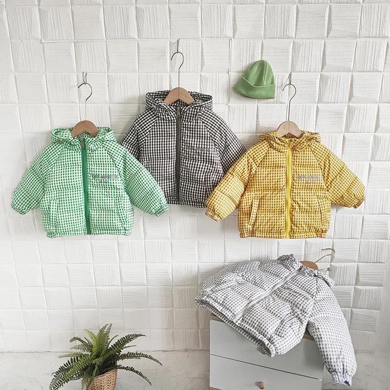 Girls' Down Jacket Short Plaid Children's Clothing Winter Jacket with Velvet Padded Warm Jacket