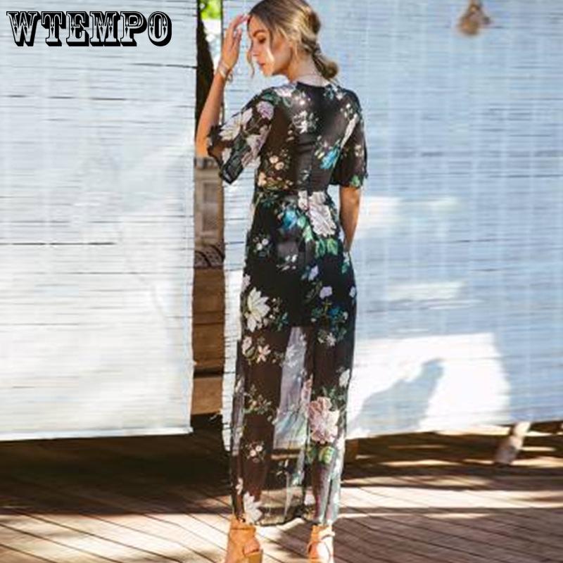 V-neck Chiffon Print Irregular Dovetail Split Bohemian Holiday Dress Long