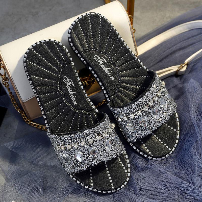 2020 Slippers Female Summer Korean Version Wild Fashion Cool Water Drop Flash Diamond Flat Bottom Non-slip Word with Sandals