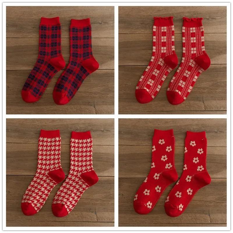 Winter Ladies Red Socks In Tube Warm Cotton Printed Socks Christmas Socks Gifts