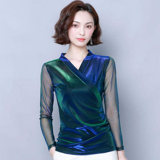Women's Spring Autumn Long Sleeve Top V-Neck Slim Fit Mesh Bottoming Shirt