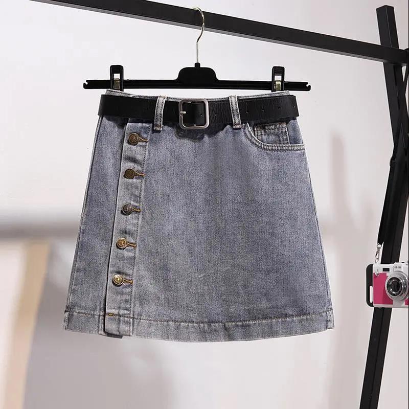 Denim Skirt with Belt Solid Color button High Waist Pocket Student Short Cowboy Skirt Knee Length A-line Skirts