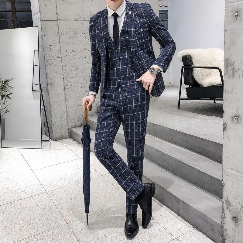 Men's Fashion Suit Solid Color Business Casual Jacket Pants Vest Three-piece Slim Formal Suit Groom Handsome Wedding Dress