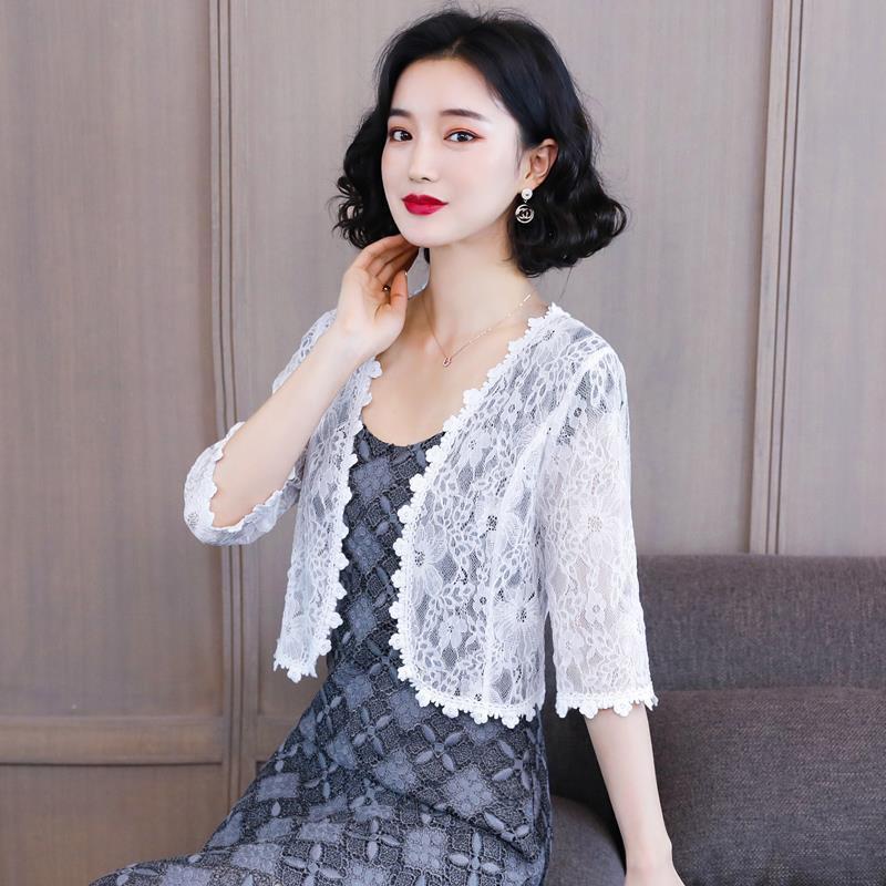Summer Short Coat Hollow Out Lace Cardigan Women Solid Color Thin Shawl  Sun Protection