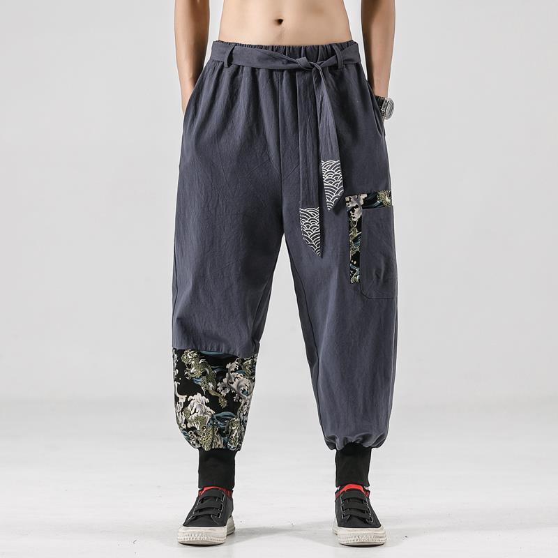Chinese Style Linen Cotton Casual Pants Embroidery Tooling Bloomers Male Hip-hop Retro Style Tang Suit
