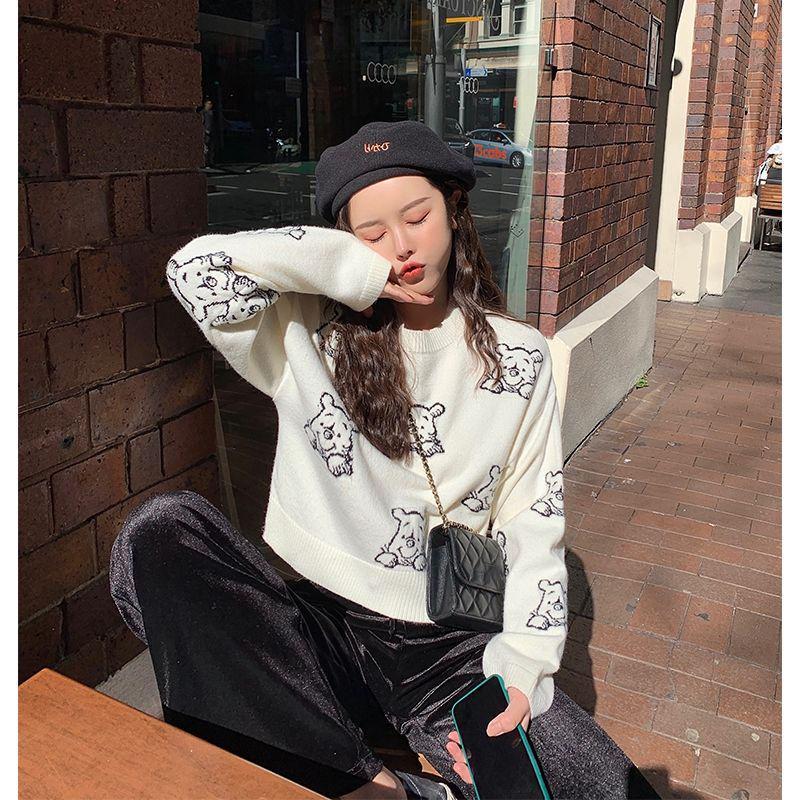 Pofulove Girl Loose Winnie the Pooh Collection Net Red Knit Bottoming Shirt Women's Sweater Short