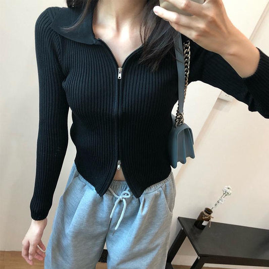 Spring and Autumn Knitted Cardigan Sweater Slim Slimming Short Top Zipper Long-sleeved Female Jacket