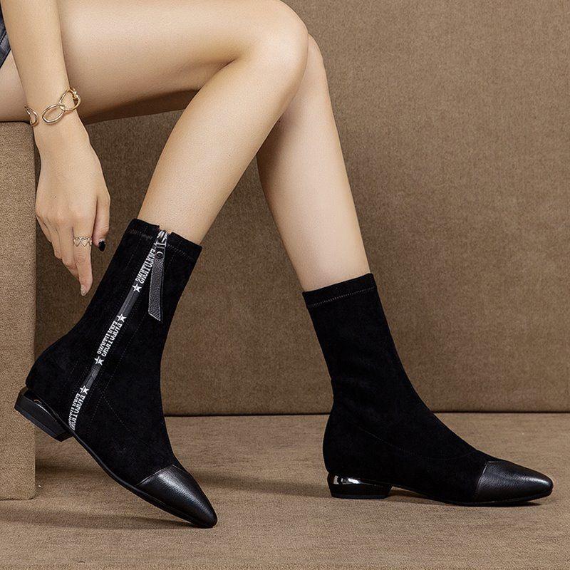 Pair of Women Shoes Leather Pointed Toe Martin Boots Zip Low Heel Cowboy Tied Flat Casual Shoes