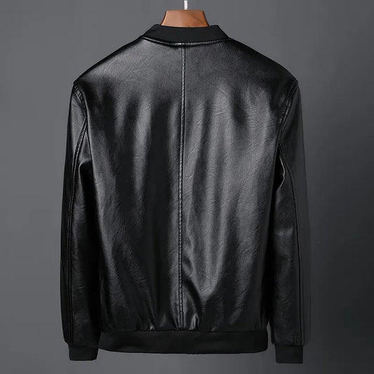 Soft Leather Jacket Men's Stand Collar Jacket Slim Fit Casual Flight Jacket Motorcycle Suit Men's Handsome Warm Long Sleeve Jacket