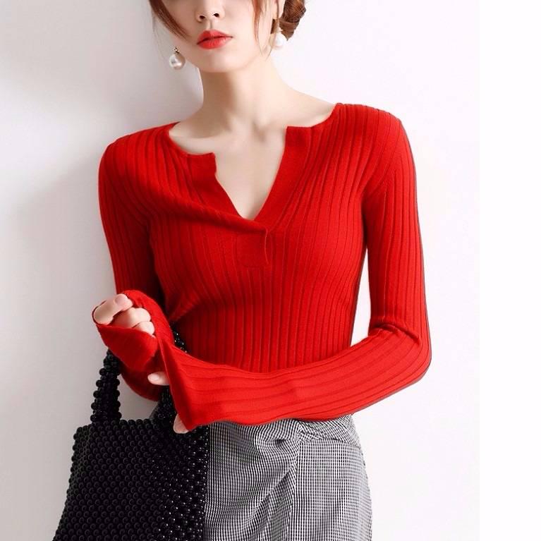 Pofulove Autumn Winter Students Inside Coat V-neck Striped Sweater Warm Bottoming Black Shirt
