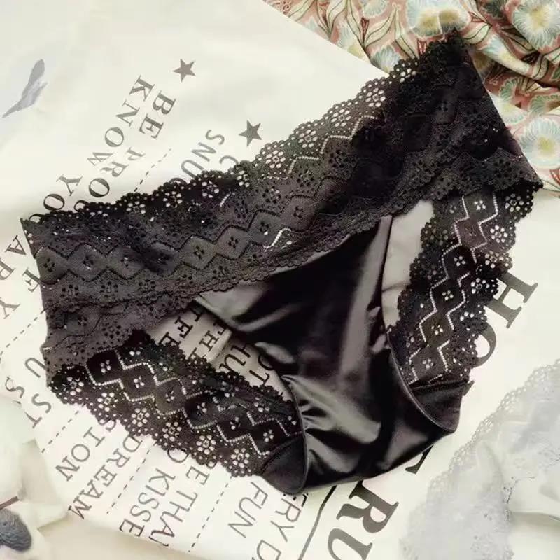 Satin Women's Panties Retro Hollow Transparent Lace Seamless Waist Bag Hip Briefs