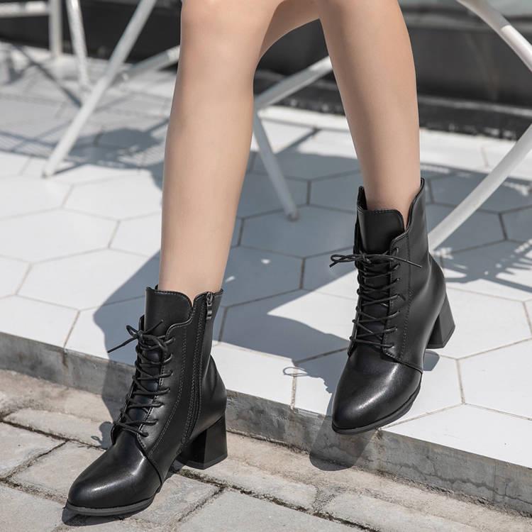 Martin Boots Women's High-heeled Thick Lace-up Ankle Boots Female British Wind with Pointed Boots