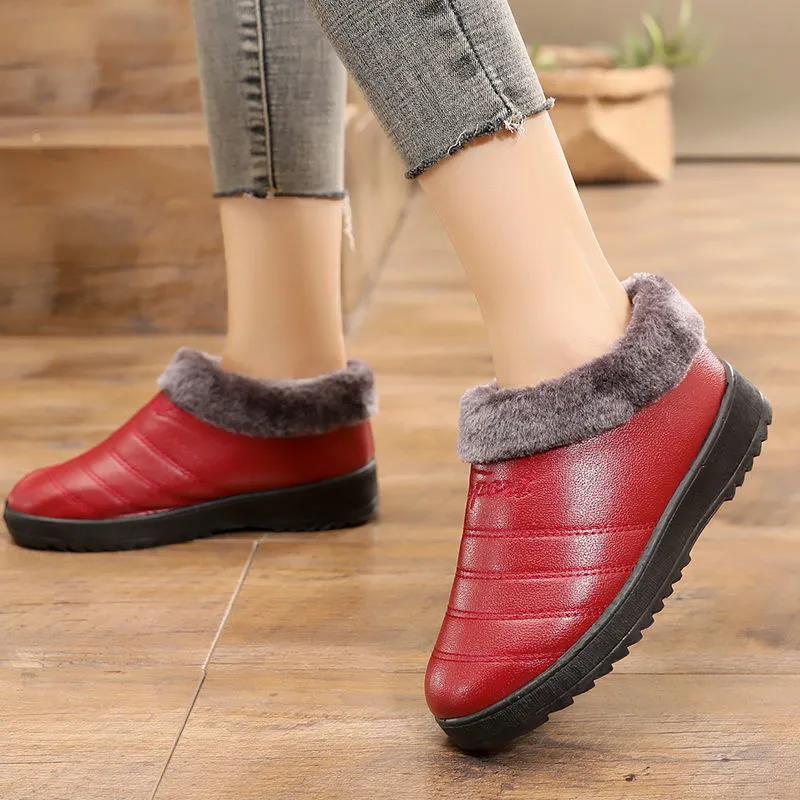 Winter Women's Cotton Shoes with Velvet To Keep Warm Anti-slip and Waterproof Leather Leather Cotton Shoes