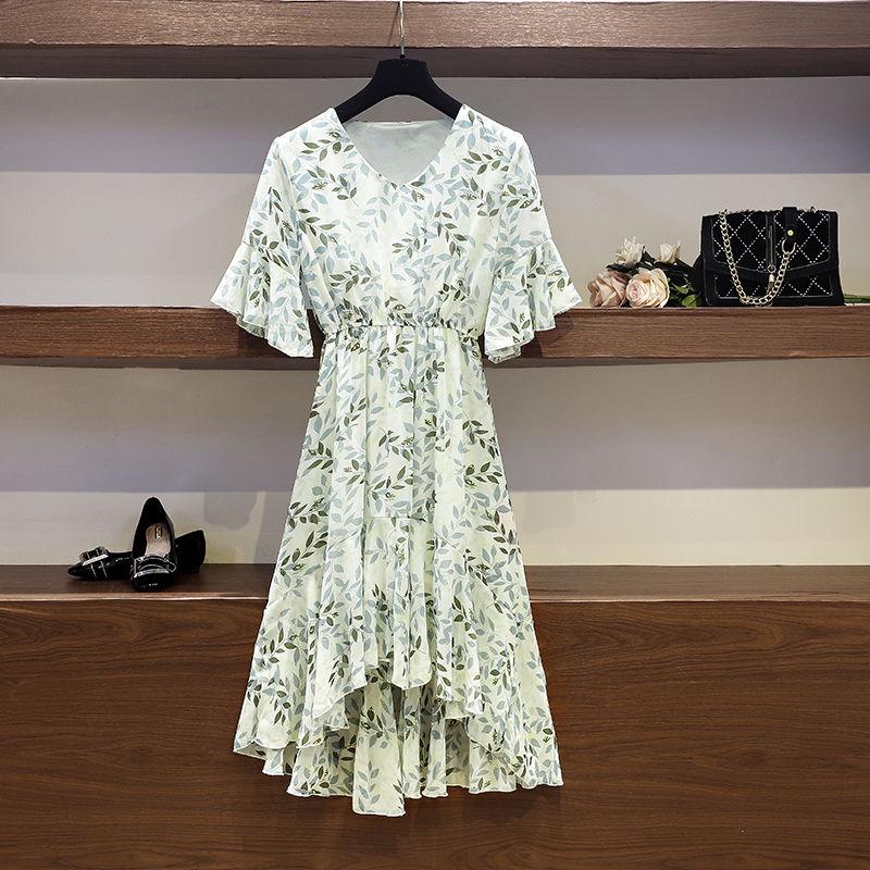 Women's Summer Dress Bohemian V-neck Floral Dress Flared Sleeve Irregular Fishtail Dress Mid-length
