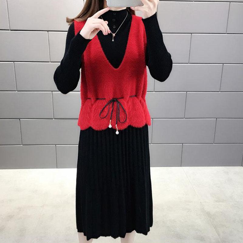 Women's Sweater Dress Set Autumn Waist Knit Mohair Vest and High Neck Slim Sweater Dress Two-piece Suit Ladies Outfits
