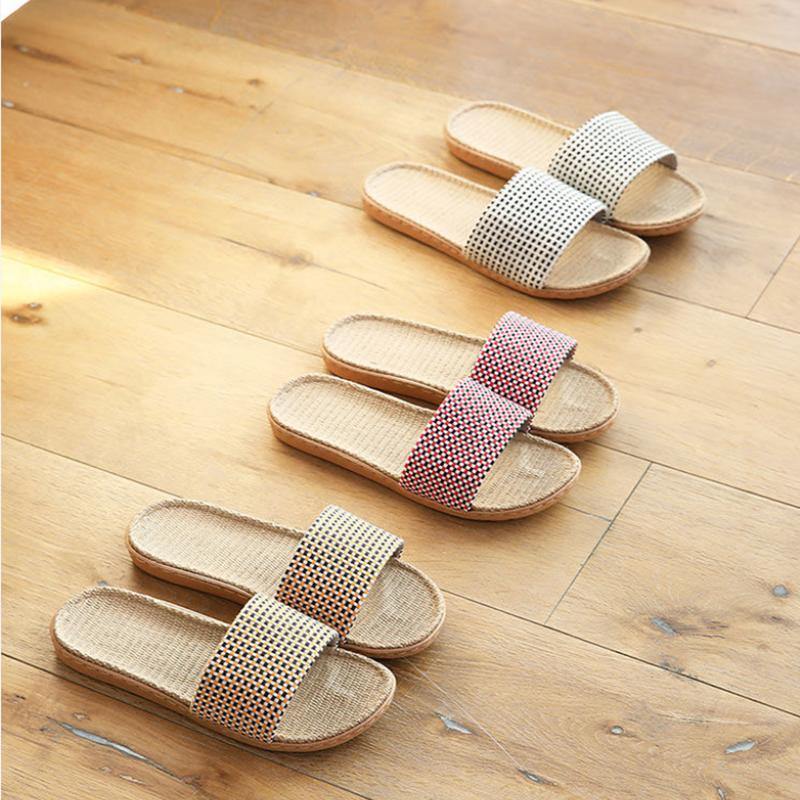 Summer Men and Women Couple Slippers Check Linen Slippers Sweat-absorbent Non-slip Ultra-light Sandals and Slippers Comfortable Home