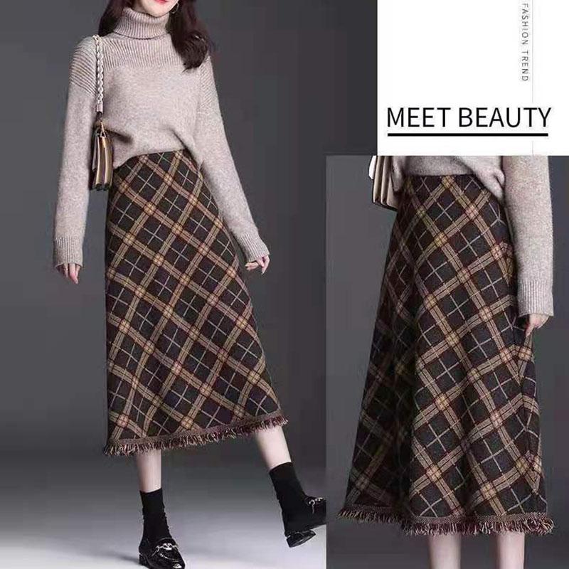 Ladies Long Knitted Skirt Autumn Winter Women's Fringed Plaid Umbrella Skirt High Waist A-line Big Swing Skirt