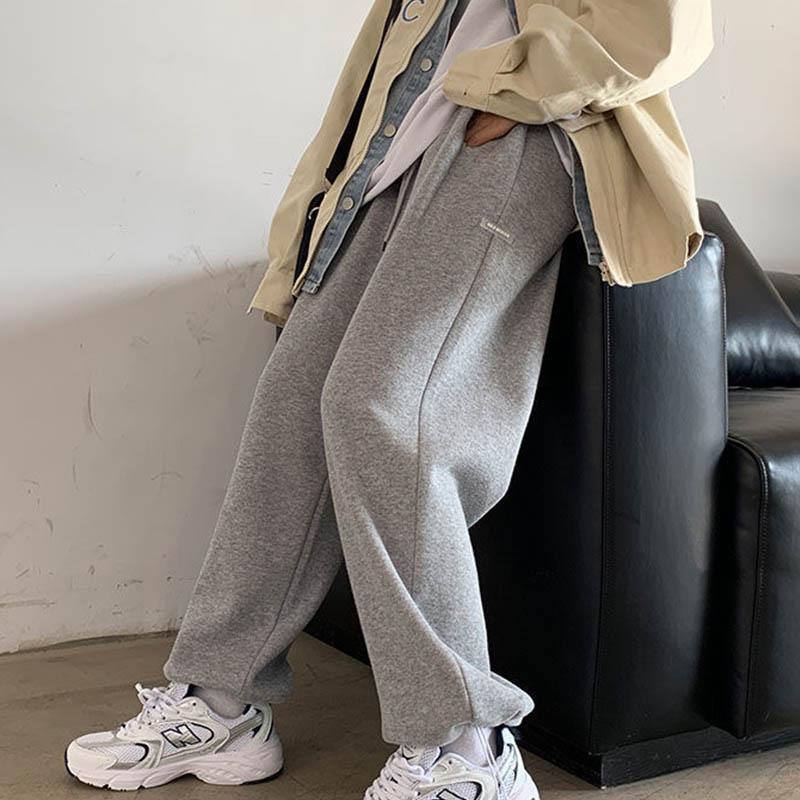 Cotton and Velvet Sweatpants for Female Students Korean Version of Loose Winter High-waisted Straight and Thin Thick Wide-leg Long Pants