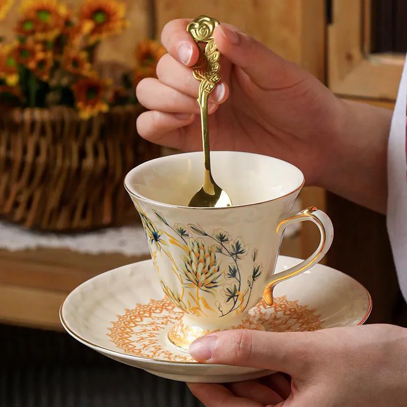 French Wheat Ear Retro Gold Tracing Ceramic Coffee Cup and Saucer Palace English Afternoon Tea Black Tea Cup Flower Tea Cup
