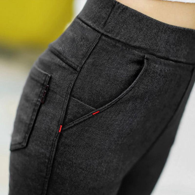 Fleece Thickened Imitation Jeans Women's Winter Bottoming Outer Wear Warm Pencil Feet Pants Solid Color High-waist Leggings