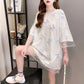 Butterfly Embroidery Veil Women Dress Girl Loose O-Neck Loose Short Sleeve Casual Long T-shirt Dress